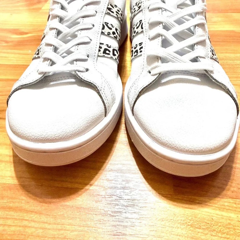 Adidas Womens 9.5 Grand Court White & Leopard Stripe Sneakers Shoes Excellent - Picture 8 of 12